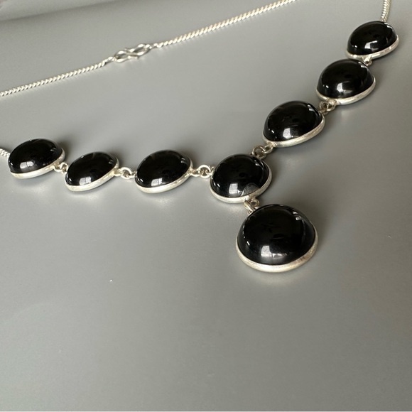 Sterling Silver Plated Onyx Y Necklace – Artisan Made Statement Piece - Picture 4 of 12